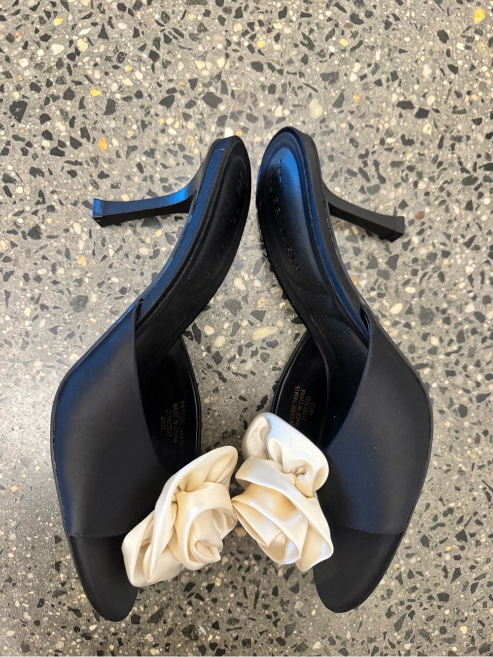 Primark Black Satin Mule Heels with Cream Rosette